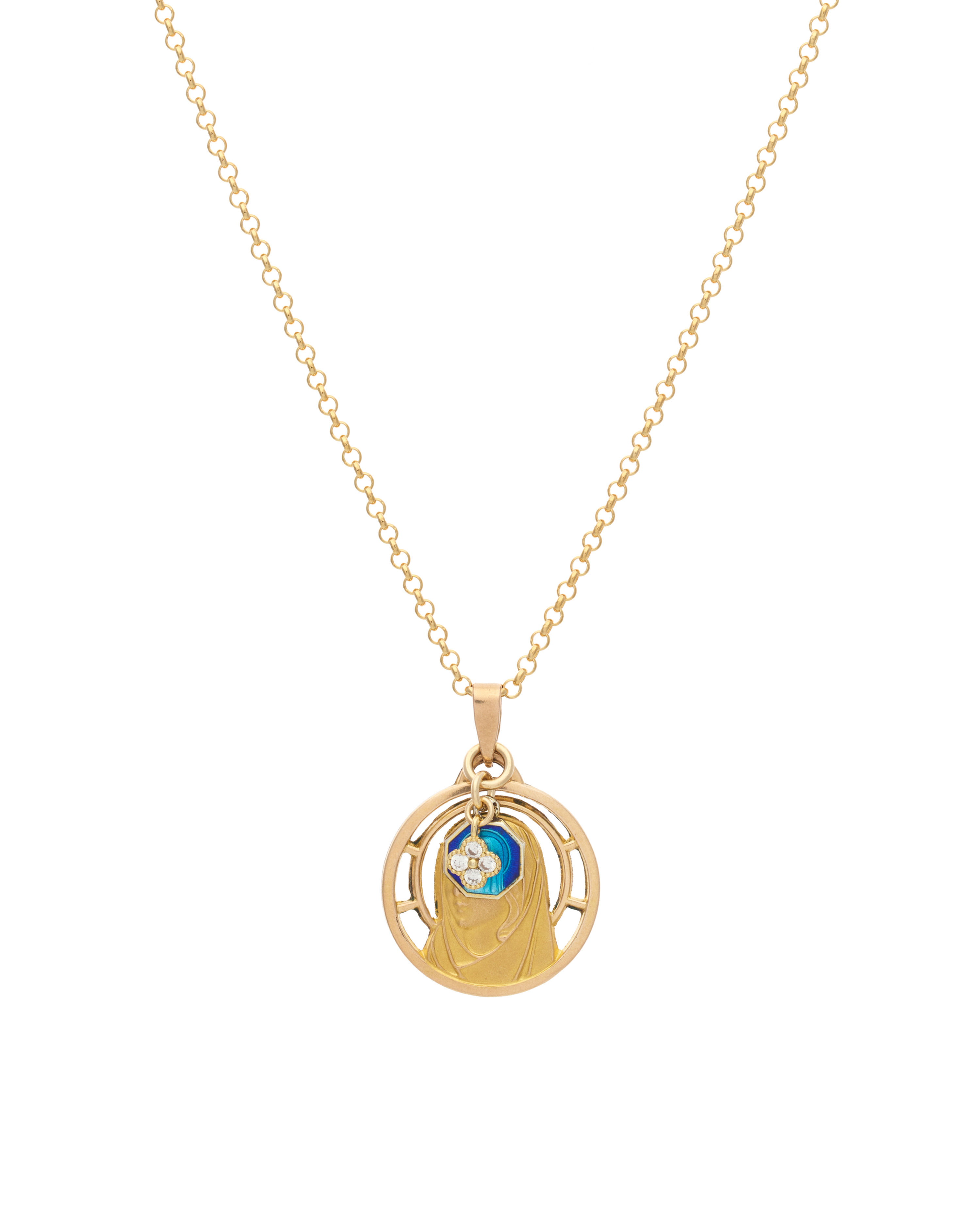 Vintage Mary Icon Medallion, Enamel & Clover