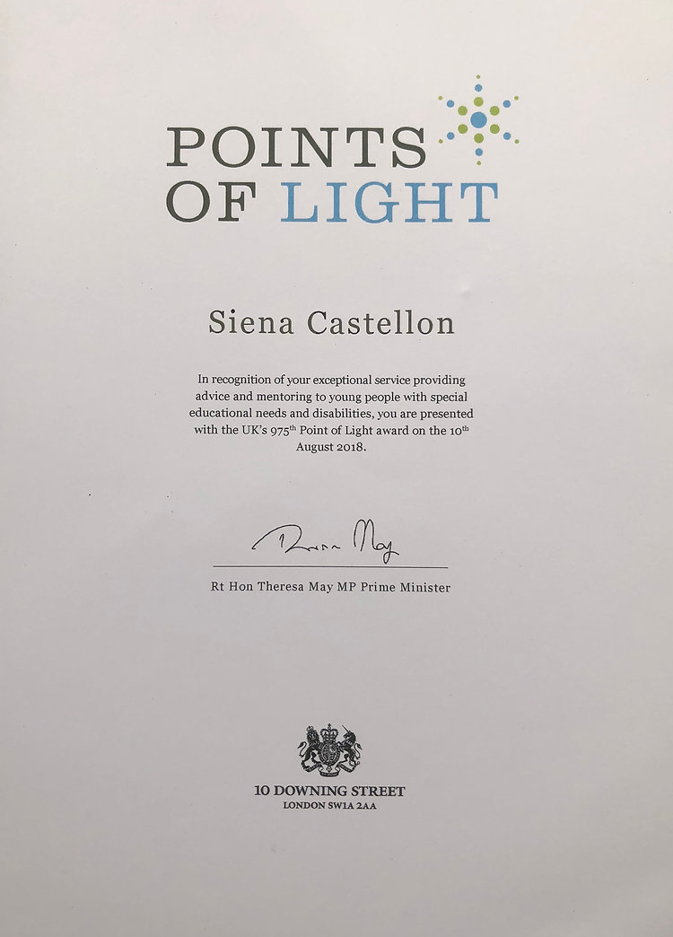 Points of Light Award from Prime Minister Theresa May awarded to Siena Castellon.