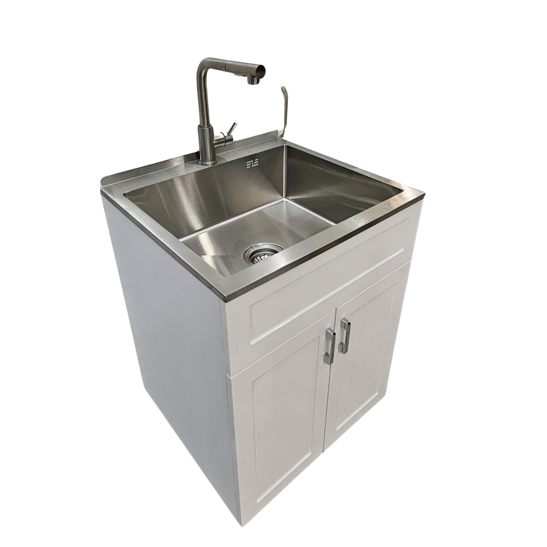 White laundry cabinet with stainless steel sink and faucet, all-in-one utility sink cabinet for laundry room