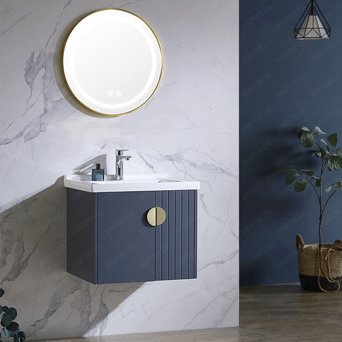 24" Cansion Dark Blue Floating Vanity Set with Antifog LED Gold Round