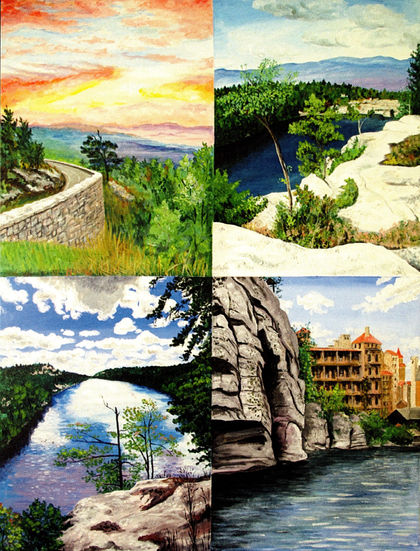 A painting of a four-image landscape collage: The first image shows a sunrise over a road with a rock wall. The second and third images feature a lake with cliffs in the foreground and blue mountains in the background. The fourth image depicts a lake with towering cliffs and a resort building nestled by the water.