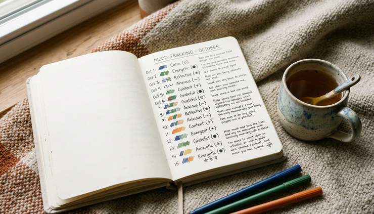 Close-up view of a journal page with handwritten mood tracking and a cup of tea