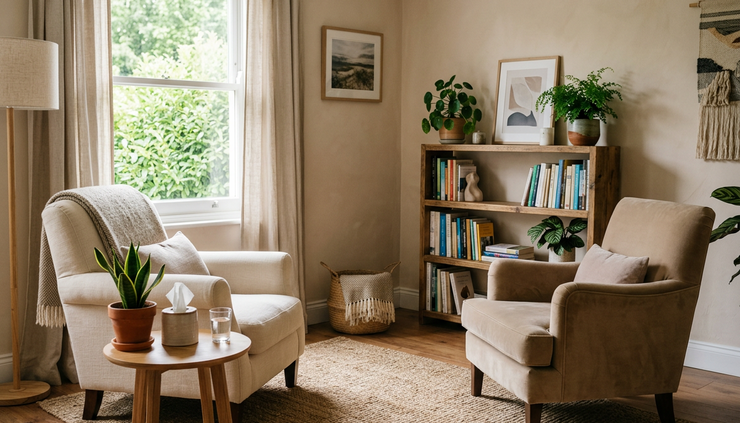 Eye-level view of a calm therapy room with soft chairs and warm natural light