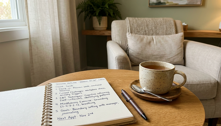 Close-up view of a handwritten session outline beside a cup of tea on a small round table
