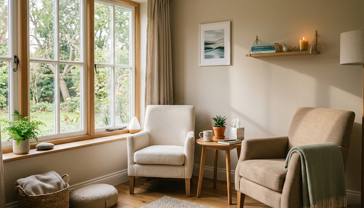Eye-level view of a quiet therapy room with two empty chairs near a sunlit window