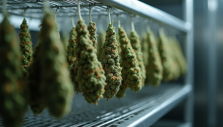 Close-up view of cannabis buds hanging on drying racks in a controlled environment