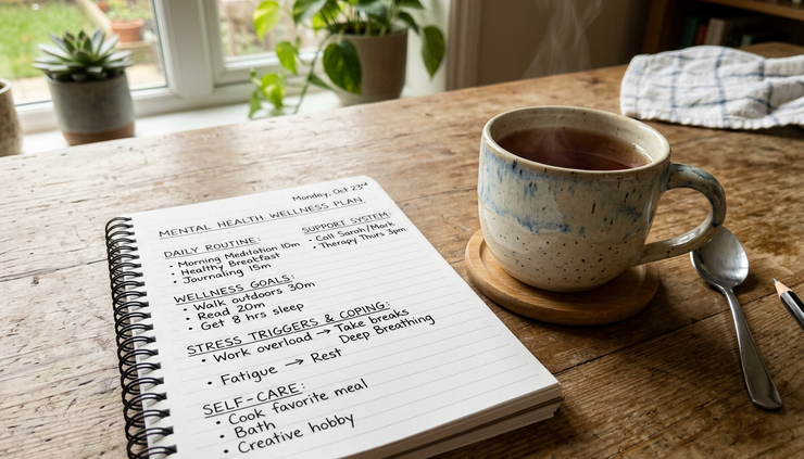 Close-up view of a handwritten wellness plan beside a cup of tea on a kitchen table