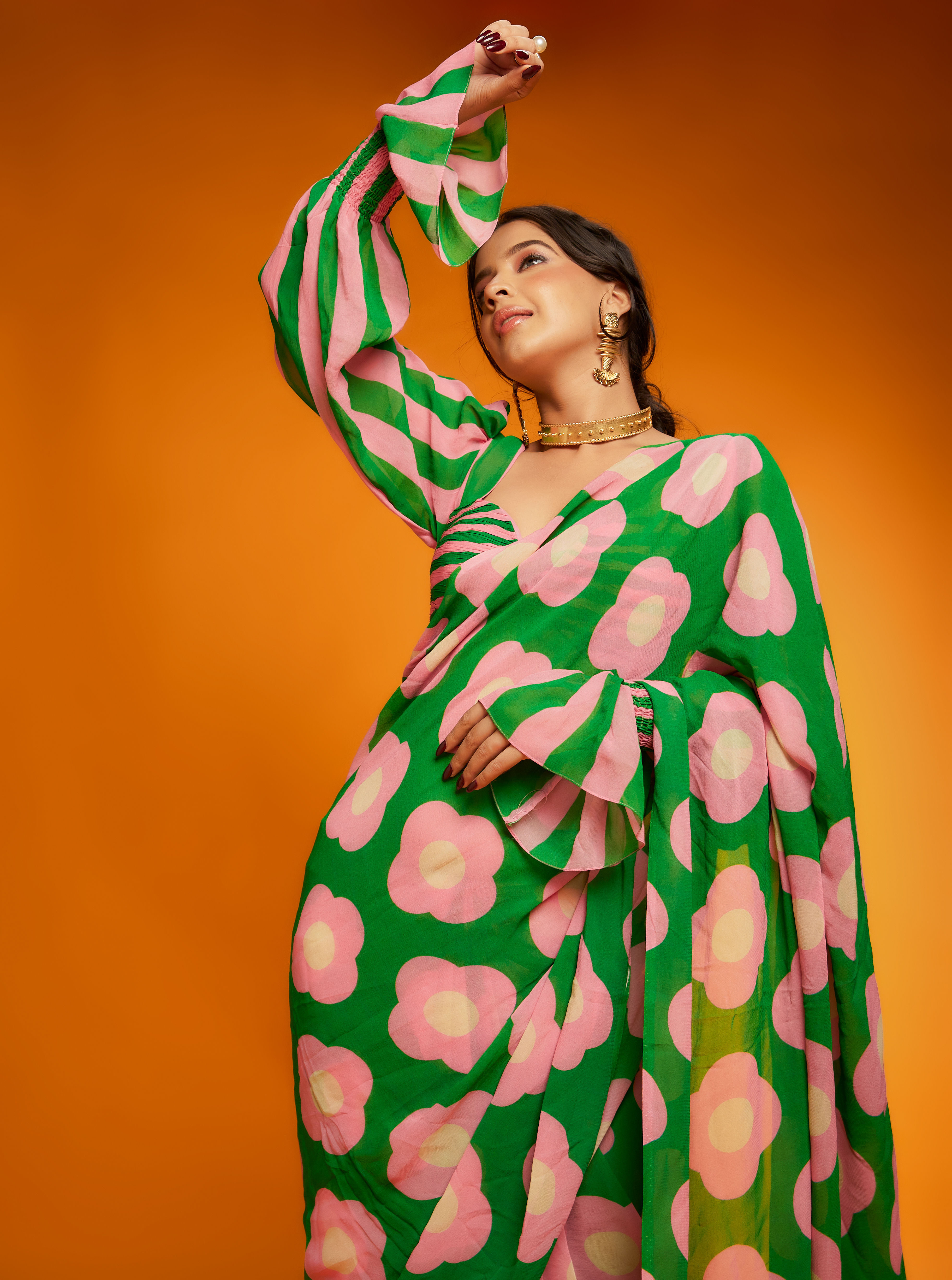 Pink Green Floral Printed Saree