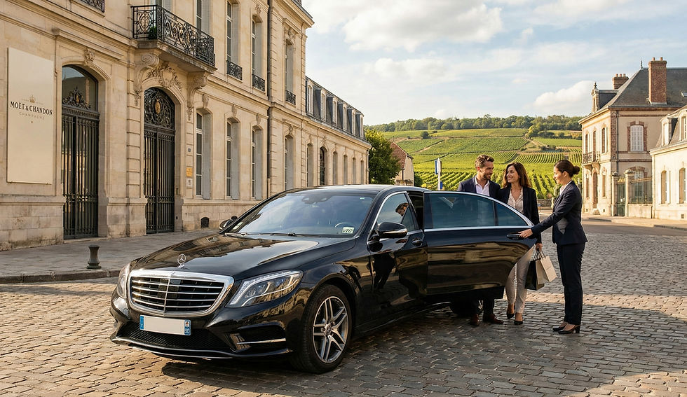 Professional private chauffeur welcoming clients into a luxury vehicle on the prestigious Avenue de Champagne in Epernay for an exclusive wine tour experience.