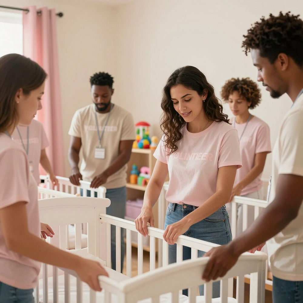 Volunteers providing maternal support services by assembling cribs.