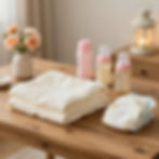 Stacked baby supplies and maternal support services items.