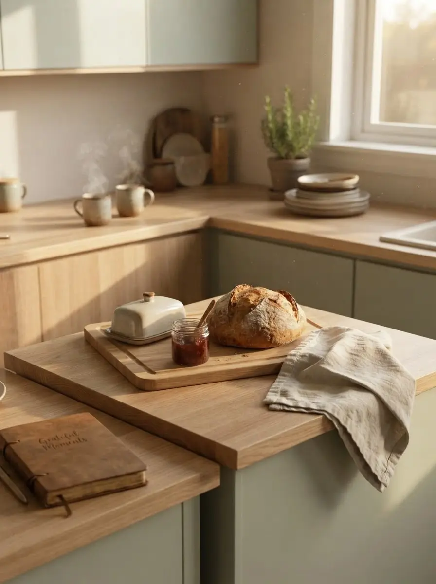 Studio photography of a rustic wooden kitchen counter with freshly baked sourdough bread, butter, and jam. The scene is bathed in warm, natural morning light, creating a cozy and serene atmosphere.