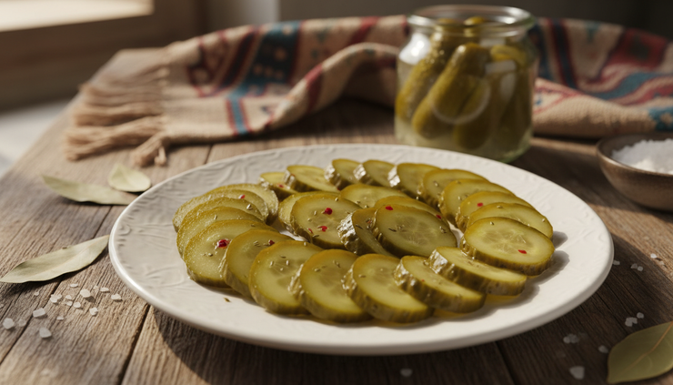 Eye-level view of sliced pickled cucumbers showing their firm texture on a ceramic plate