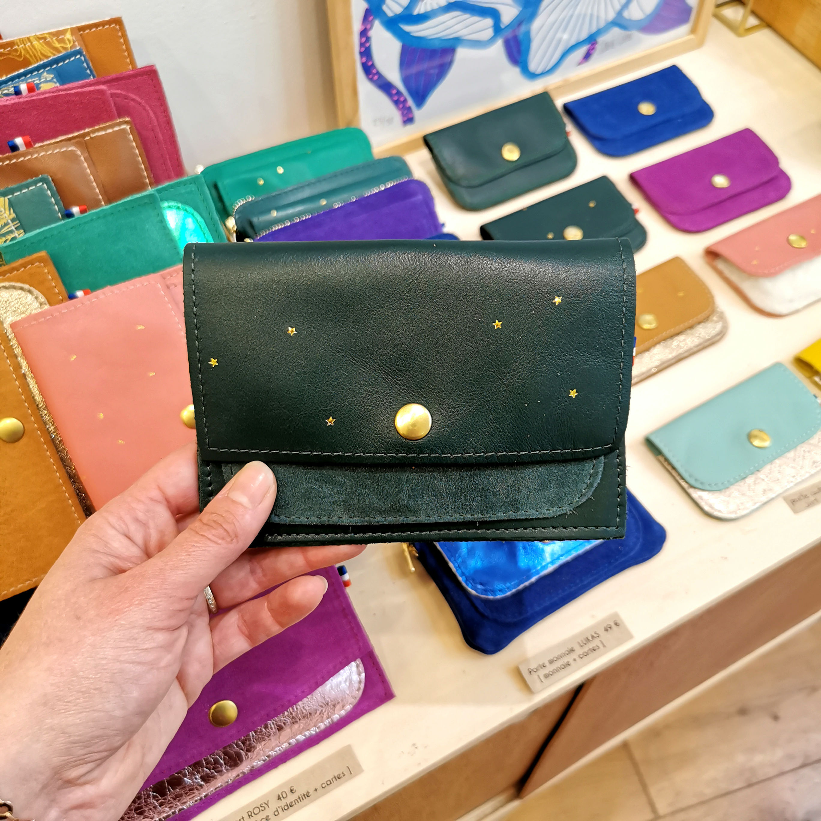 Porte passeport | papiers - ROSY - vert forêt étoiles & vert velours