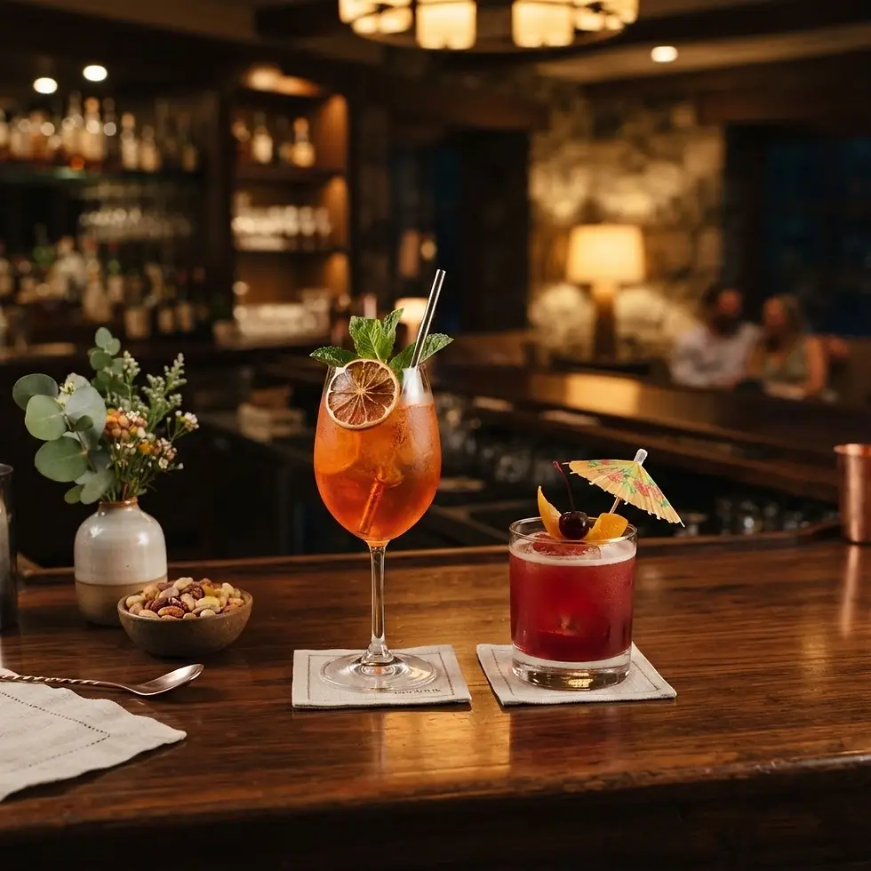 Imagen de botellas de licor en un bar con luces cálidas