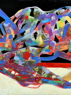 A horizontal abstract painting by Laura Alunni titled "Oltre la linea rossa (Beyond the Red Line)." The artwork features a colorful and dynamic abstract figure crossing over a bold, central red line that separates a black upper background from a white lower background.