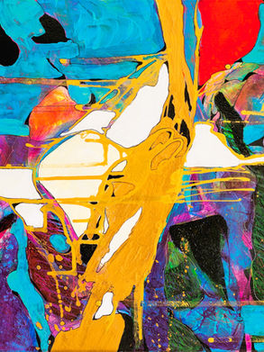 The full view of "Nuovi spazi (New Spaces)," a large horizontal abstract painting by Laura Alunni featuring vibrant turquoise, purple, and red sections divided by a central white and gold form.