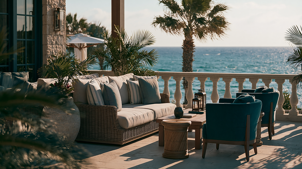 Luxury resort terrace with ocean views and elegant outdoor lounge