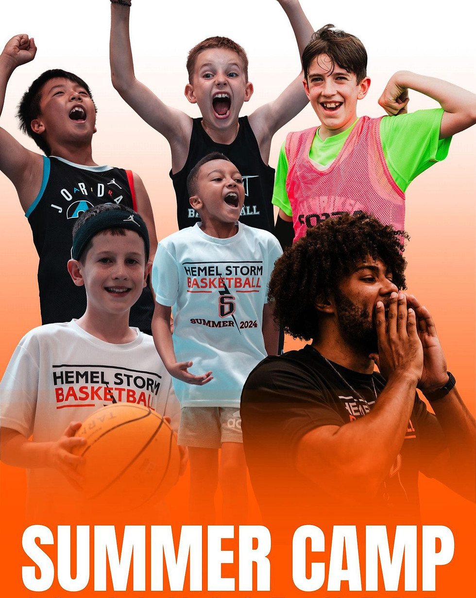 A montage of young people playing basketball and a coach at the fron holding his hands to his mouth to shout instructions
