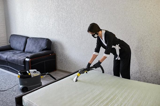 Deep cleaning using professional steam equipment on a mattress.