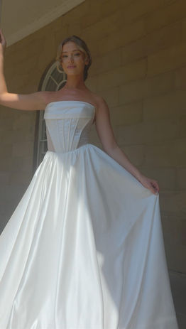 Jasmine Satin Modern Strapless A-line with a hidden reveal sparkle mini skirt underneath