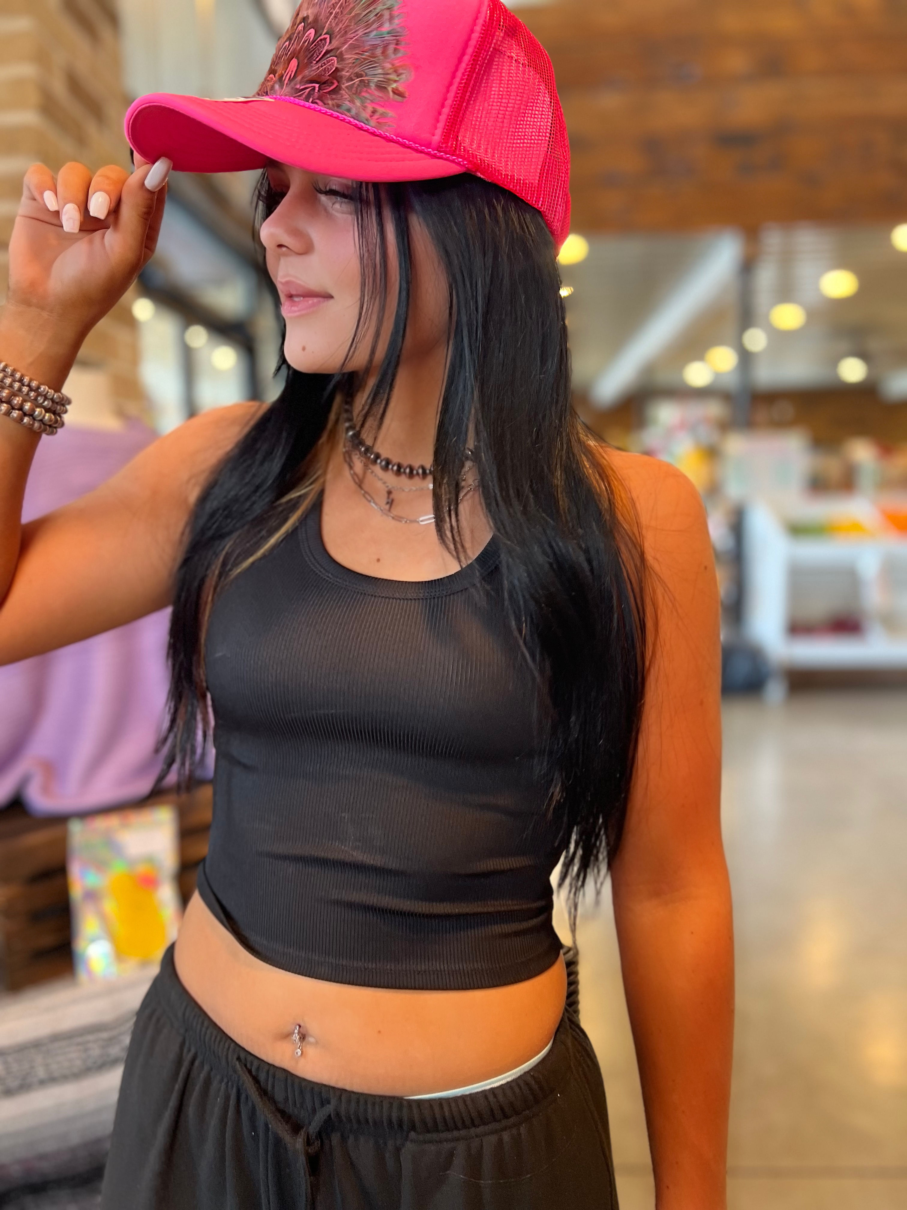 Crop Ribbed Tank-Black