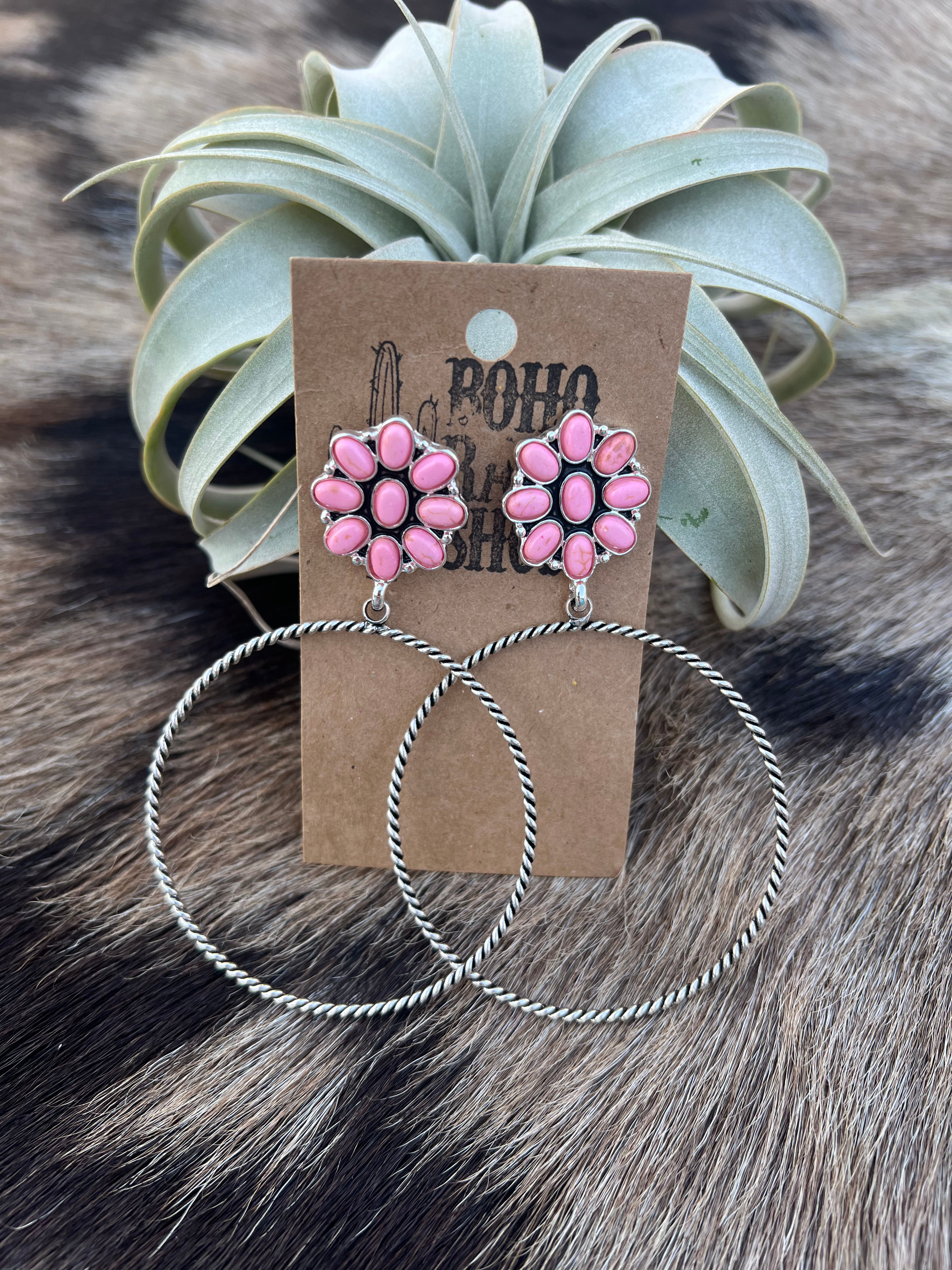 Pink Flower Hoop Earring