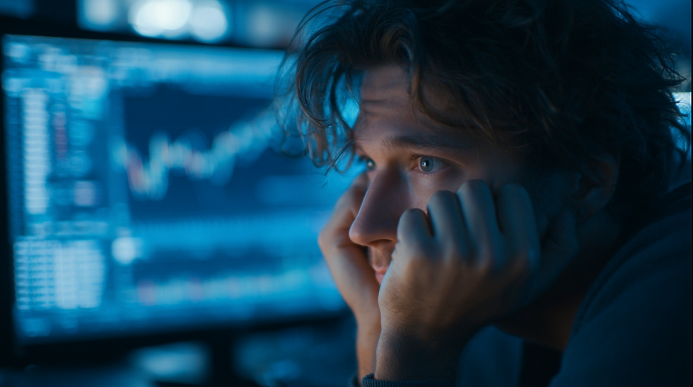 HTS 오류와 체결지연으로 당황하는 투자자, 불안정한 거래 환경을 상징적으로 표현한 장면