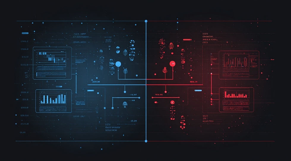 실제 거래소 연동 HTS와 가상 HTS를 대비한 개념 일러스트