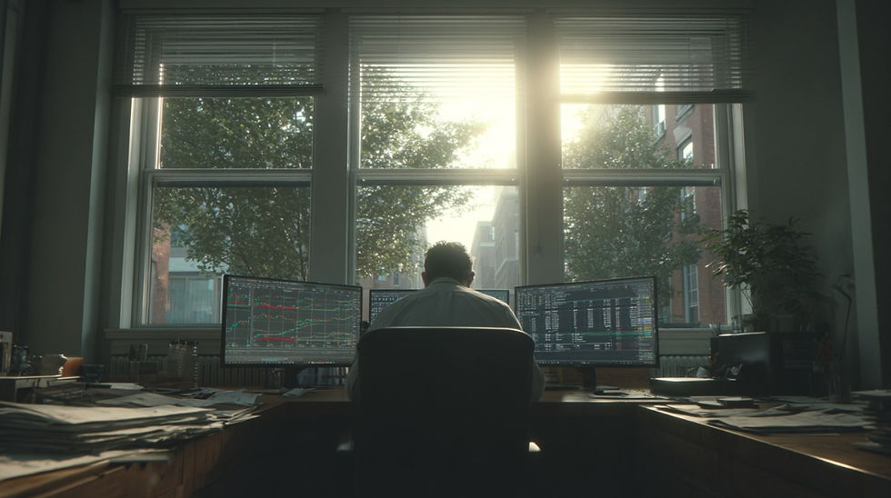 장 시작 전 경제지표를 확인하며 HTS를 세팅하는 트레이더, 루틴의 핵심인 준비과정 표현 