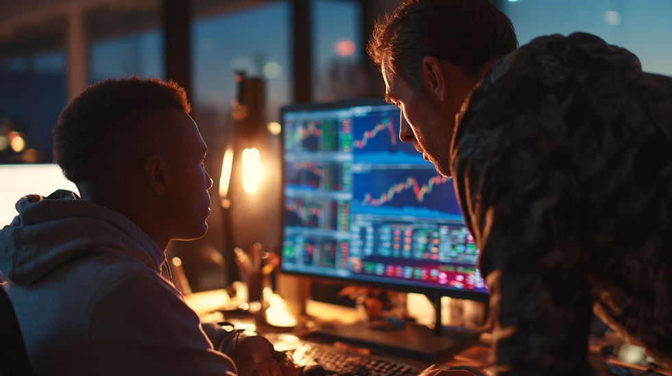 해외선물 초보 투자자가 멘토와 함께 안정적인 시작을 준비하는 장면