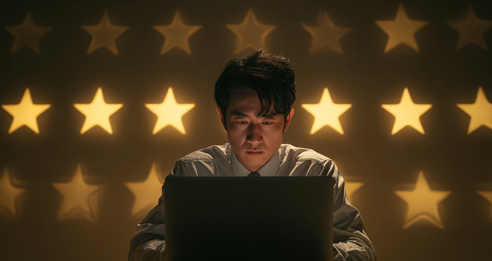 광고성 후기 정보를 보고 혼란스러워하는 투자자의 모습