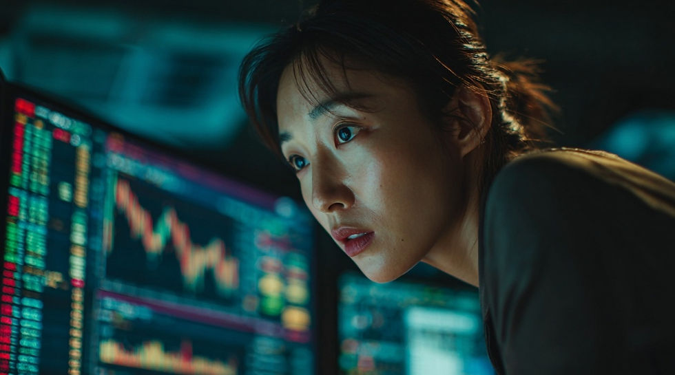 체결 지연으로 가격이 도망가는 상황에 당황하는 30대 한국 여성 트레이더