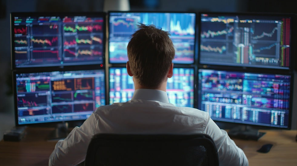 다양한 해외선물 대여계좌업체를 비교하는 투자자와 화면 속 플랫폼 인터페이스를 바라보는 장면, 해외선물대여계좌업체비교