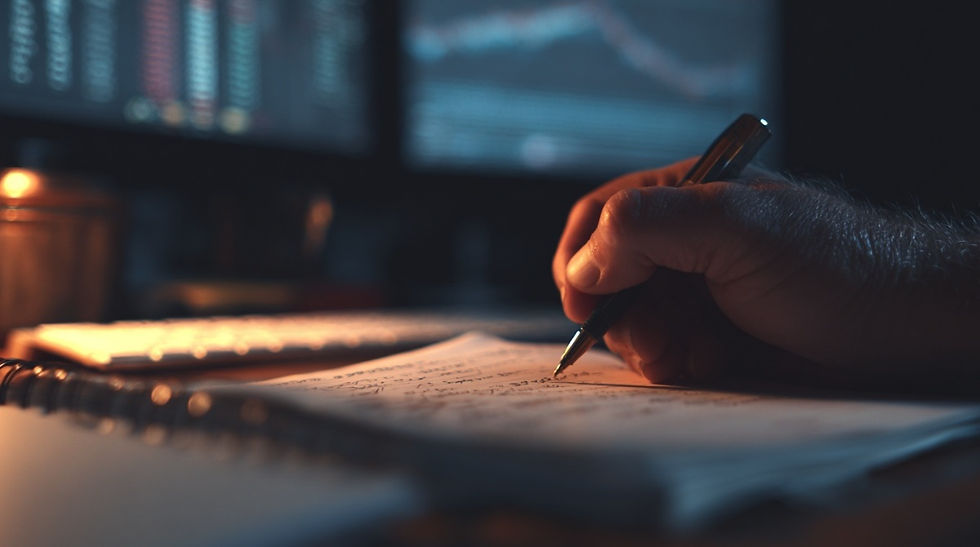 매매 후 HTS를 끄고 일지를 작성하는 트레이더의 손, 복기의 중요성을 상징하는 장면