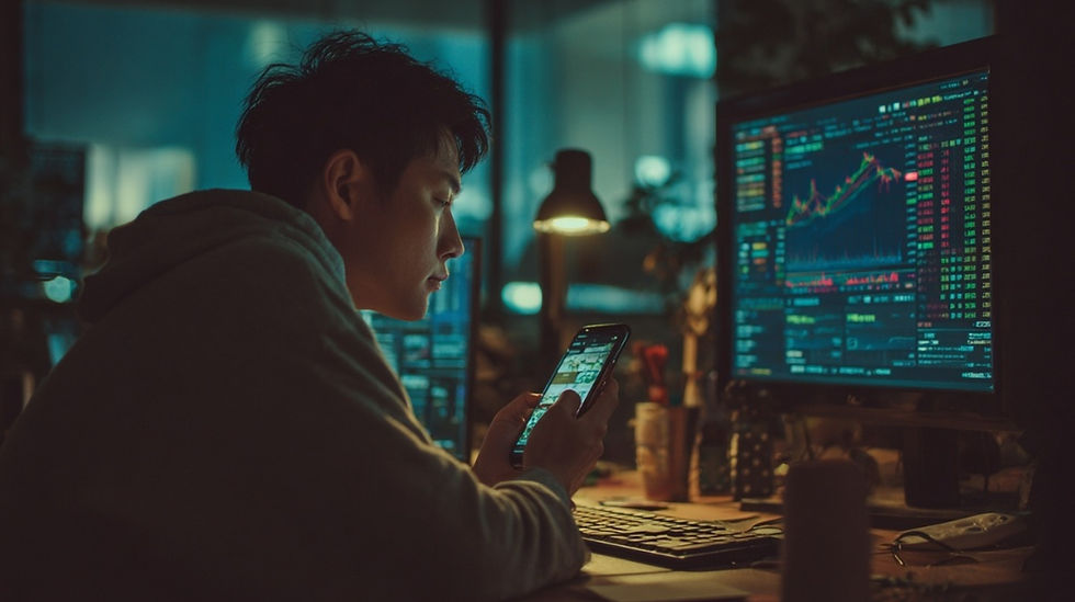 소액 계좌로 해외선물 시장을 시작하며 조급함과 불안을 느끼는 초보 트레이더의 모습