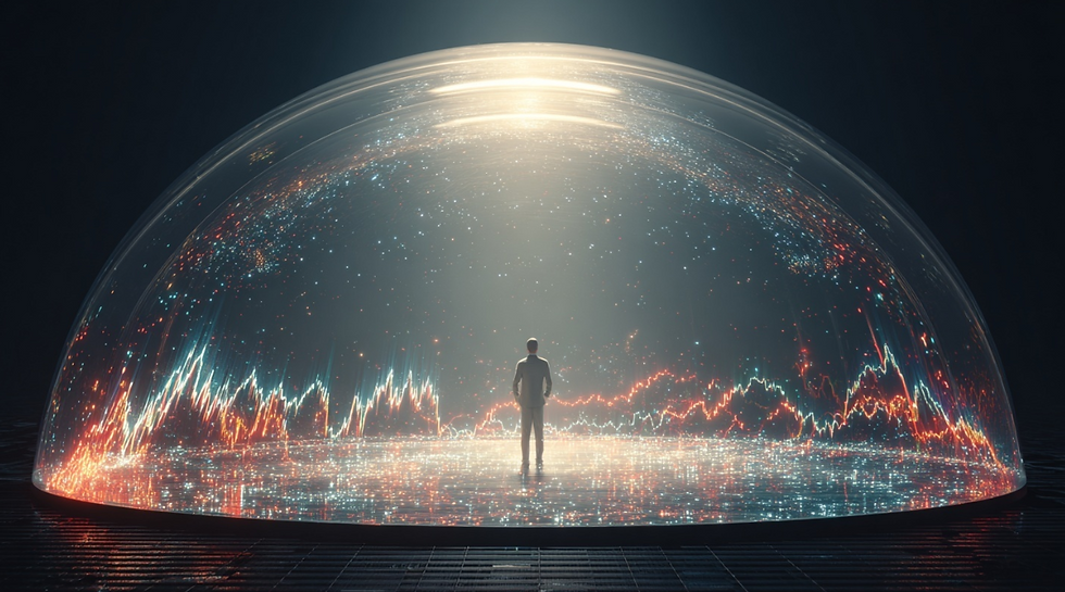 안정적인 거래 시스템 안에서 리스크를 철저히 관리하는 투자자의 상징적 장면