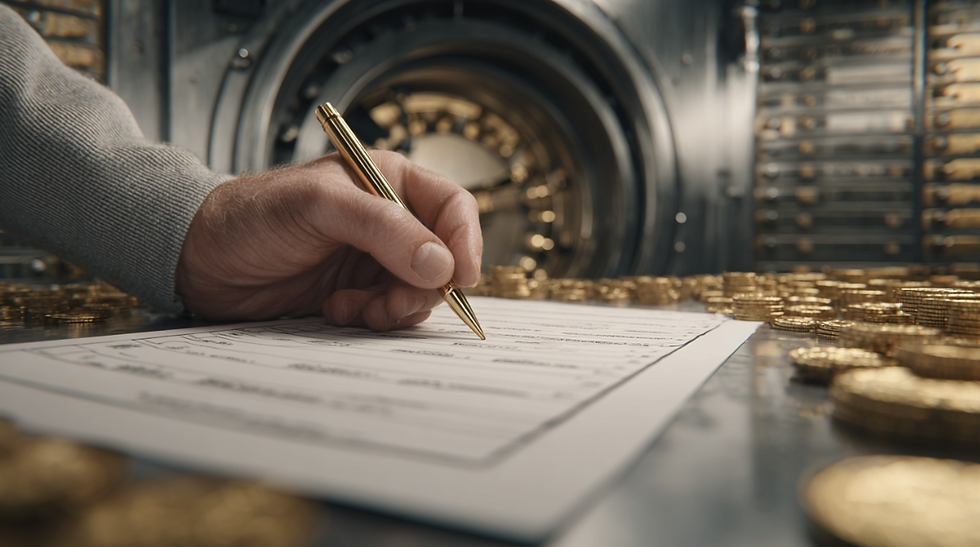 안전한 출금을 상징하는 금고와 체크리스트, 해외선물 대여계좌의 필수 조건 표현