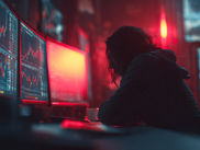 감정적으로 흥분한 트레이더가 급등락 차트를 바라보는 장면, 루틴이 없는 매매의 불안정함을 상징