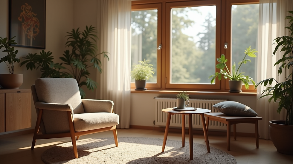 Eye-level view of a cozy living room with a comfortable armchair and a small table