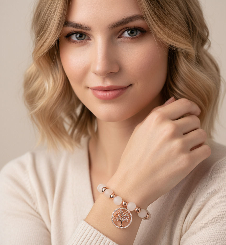 Perlen Armband mit Aventurin und Lebensbaum Anhänger aus 18k Roségold