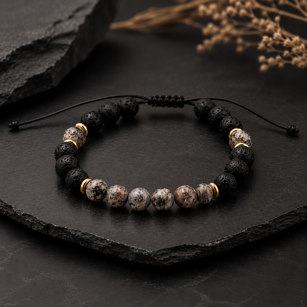 Northern Ember Herren Edelsteinarmband aus Lava und Yooperlite mit 18k Gold Filled Elementen auf dunklem Schiefer