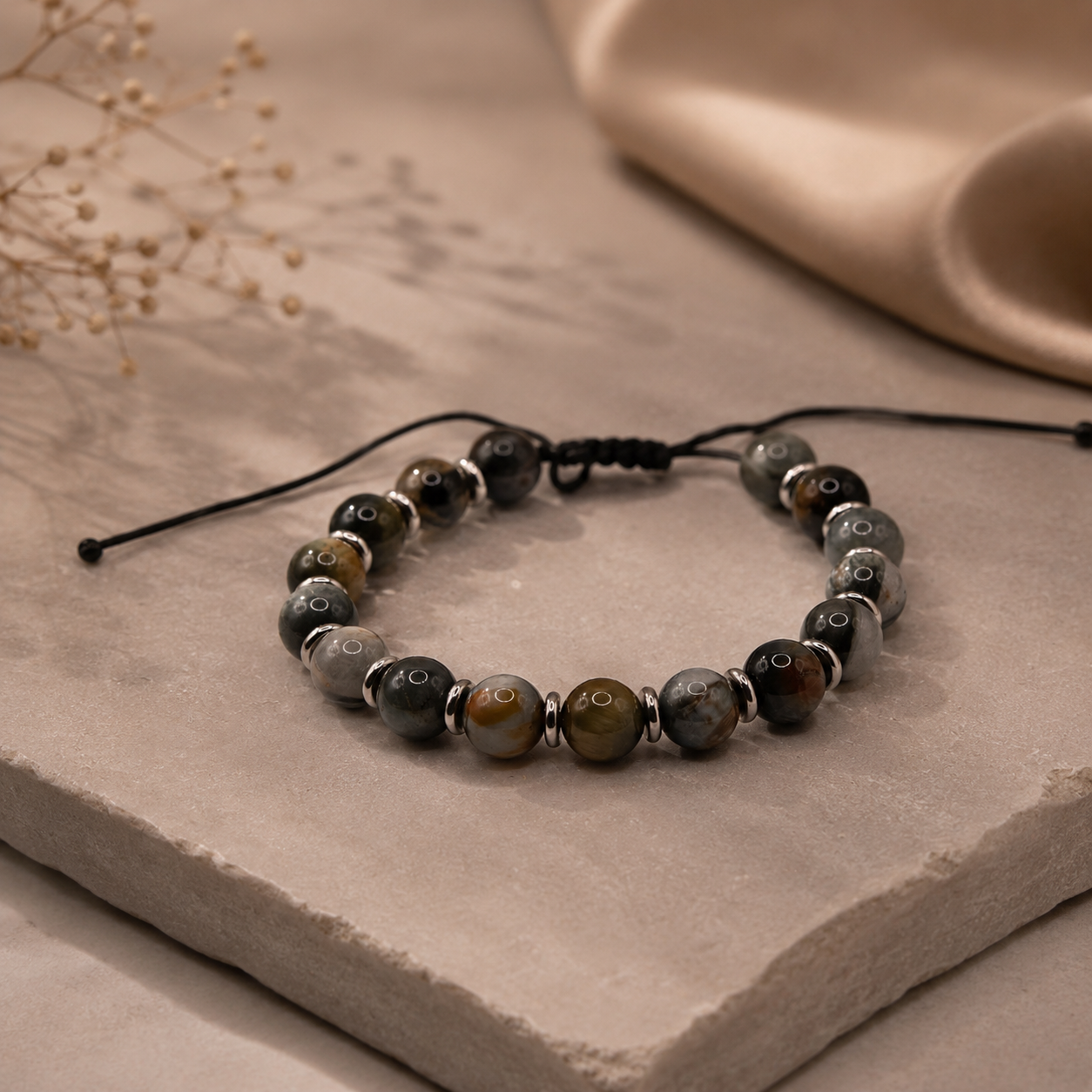 Falcon Dusk Falkenauge Edelsteinarmband mit Edelstahl auf hellem Naturstein Hintergrund