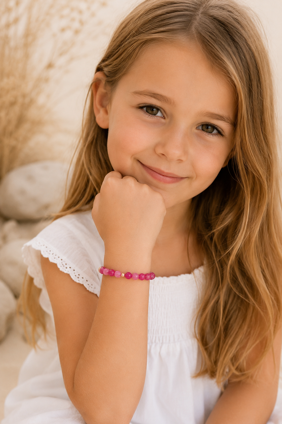 Mädchen trägt das Rose Guardian Kinder Edelsteinarmband mit Pink Chalzedon lächelnd am Handgelenk.