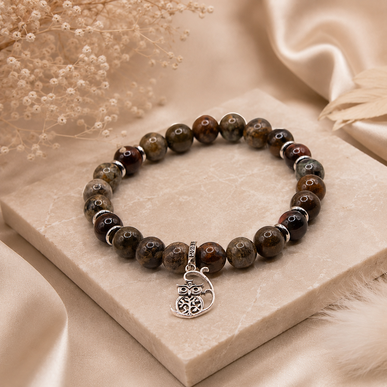 Velvet Oracle – Edelsteinarmband mit Pietersit & Eulenanhänger
