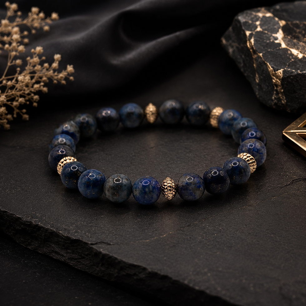 Celestial Sovereign Edelsteinarmband mit natürlichen Lapis-Lazuli-Perlen und 18K Gold Filled Akzenten auf dunklem Naturstein