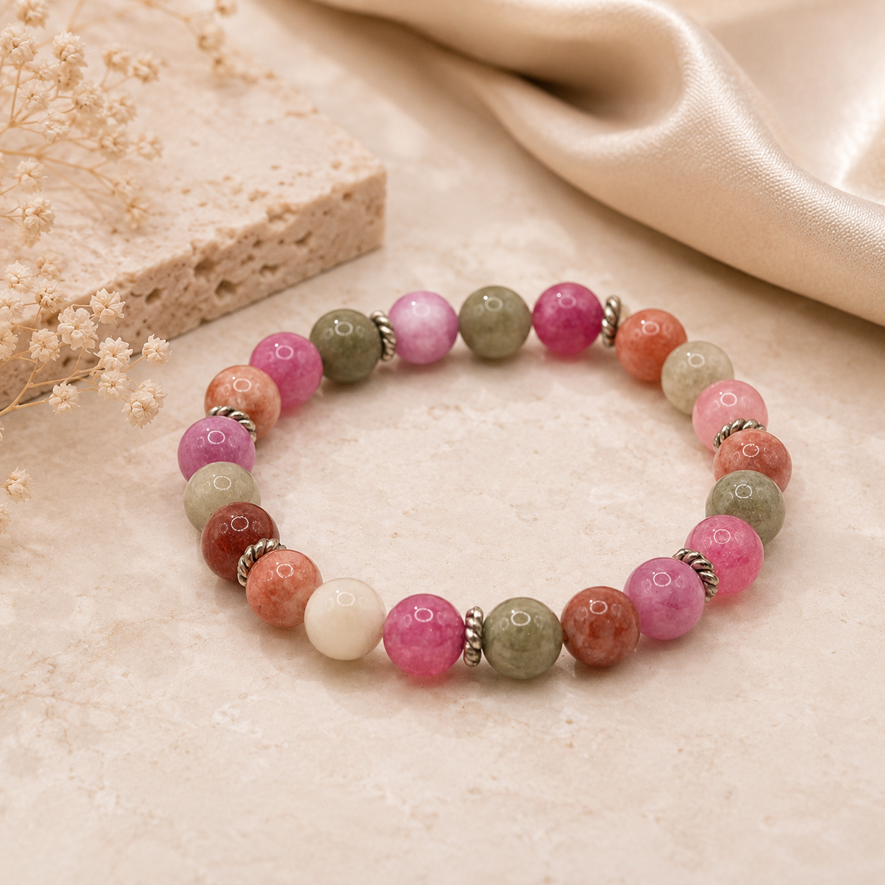 Turmalin Edelsteinarmband auf edlem, hellem Hintergrund mit sanften Naturtönen.