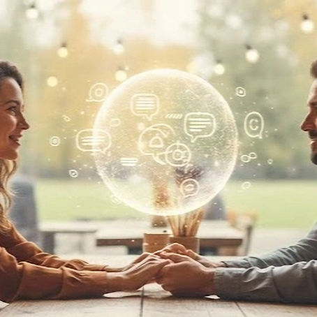 Két ember egymással szemben ül egy világos térben, kezüket összefogva; közöttük egy finoman világító, kommunikációt és kapcsolódást jelképező grafikus fénygömb jelenik meg.