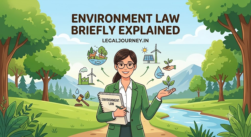 Woman in green suit holds Environment Law notebook in a lush park, with icons and text Environment Law Briefly Explained