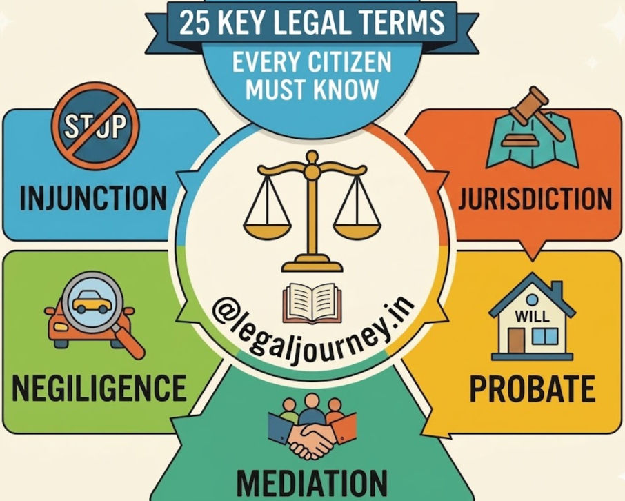 Infographic titled 25 Key Legal Terms Every Citizen Must Know, with icons for injunction, jurisdiction, negligence, mediation, probate.